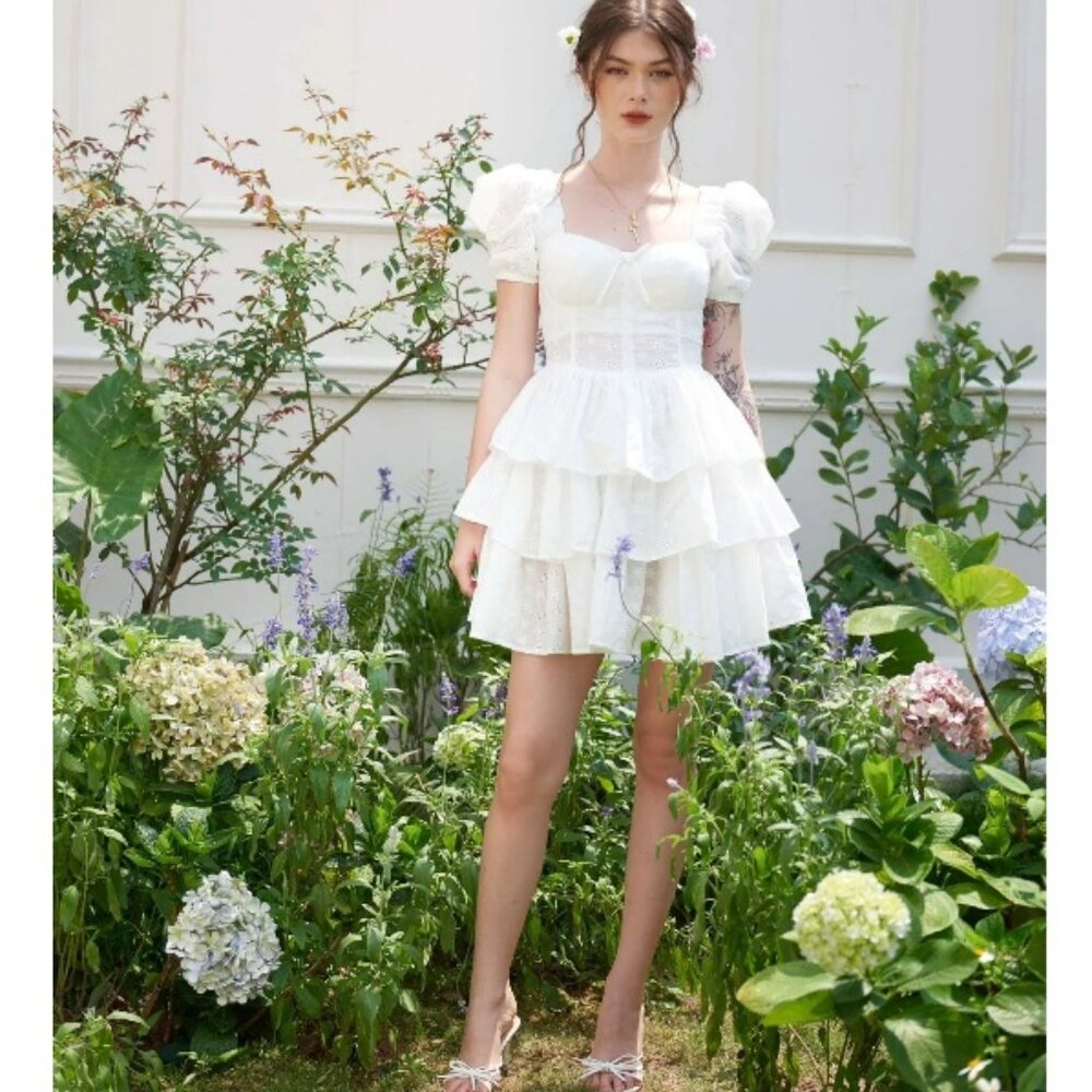 Tiffany Studio White Dose Ruffle Eyelet Lace Bow Mini Dress Sz XXS